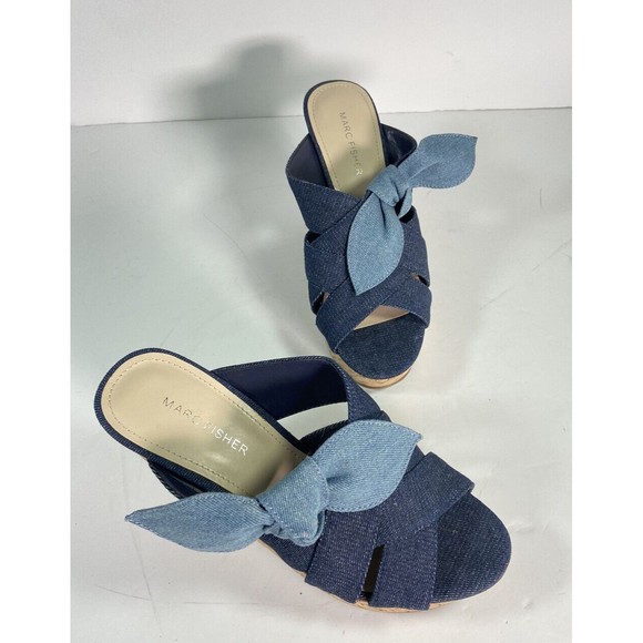 Marc Fisher Women's Hobby Sandal Size 8 Cork Wedge Platform Denim Slide Knot - Picture 2 of 11
